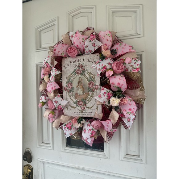 Victorian Style Vintage Bunny Rabbit Mesh Ribbon Spring Wreath, Door Hanger xxx - Picture 8 of 8
